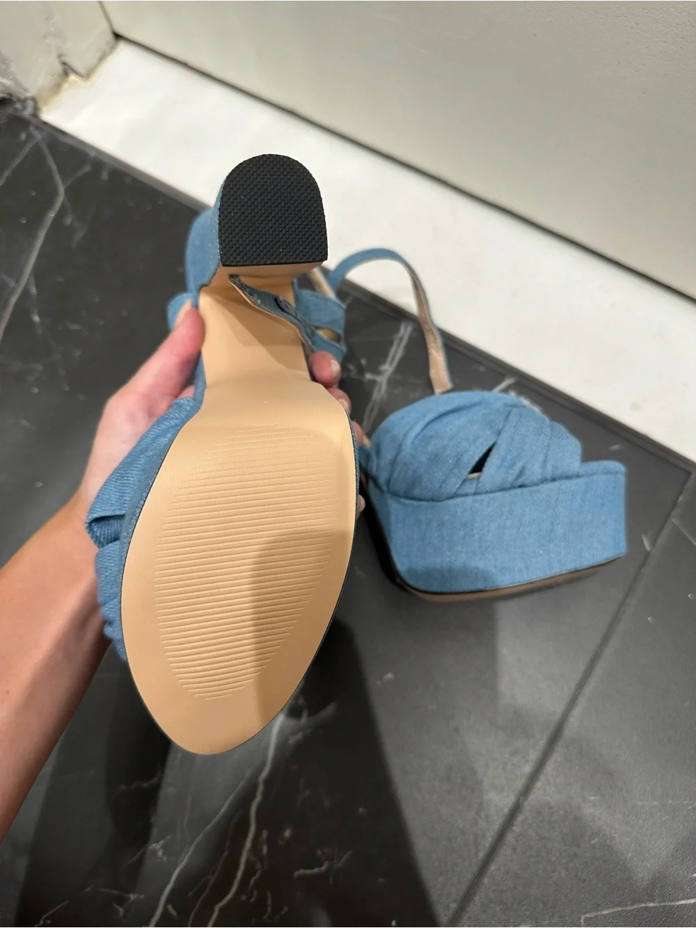 Never Worn FSJ Blue Denim Bow Platform Sandals with Ankle Strap